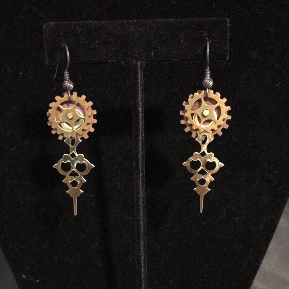 Earrings - Steampunk - Gears and Clock Hand - Sterling Silver Ear Wires